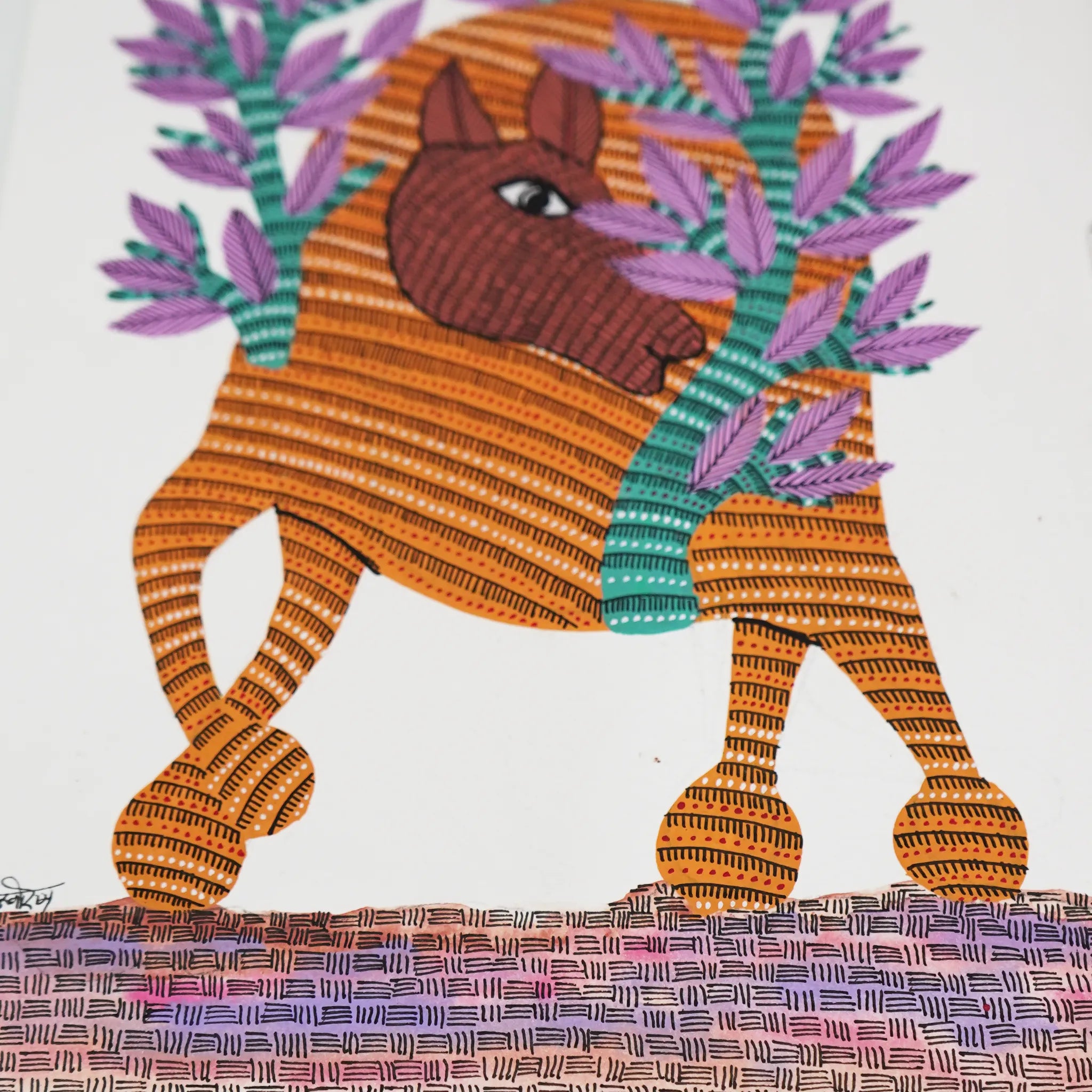 Vibrant Gond Art Featuring Intricate Camel and Tree Design 