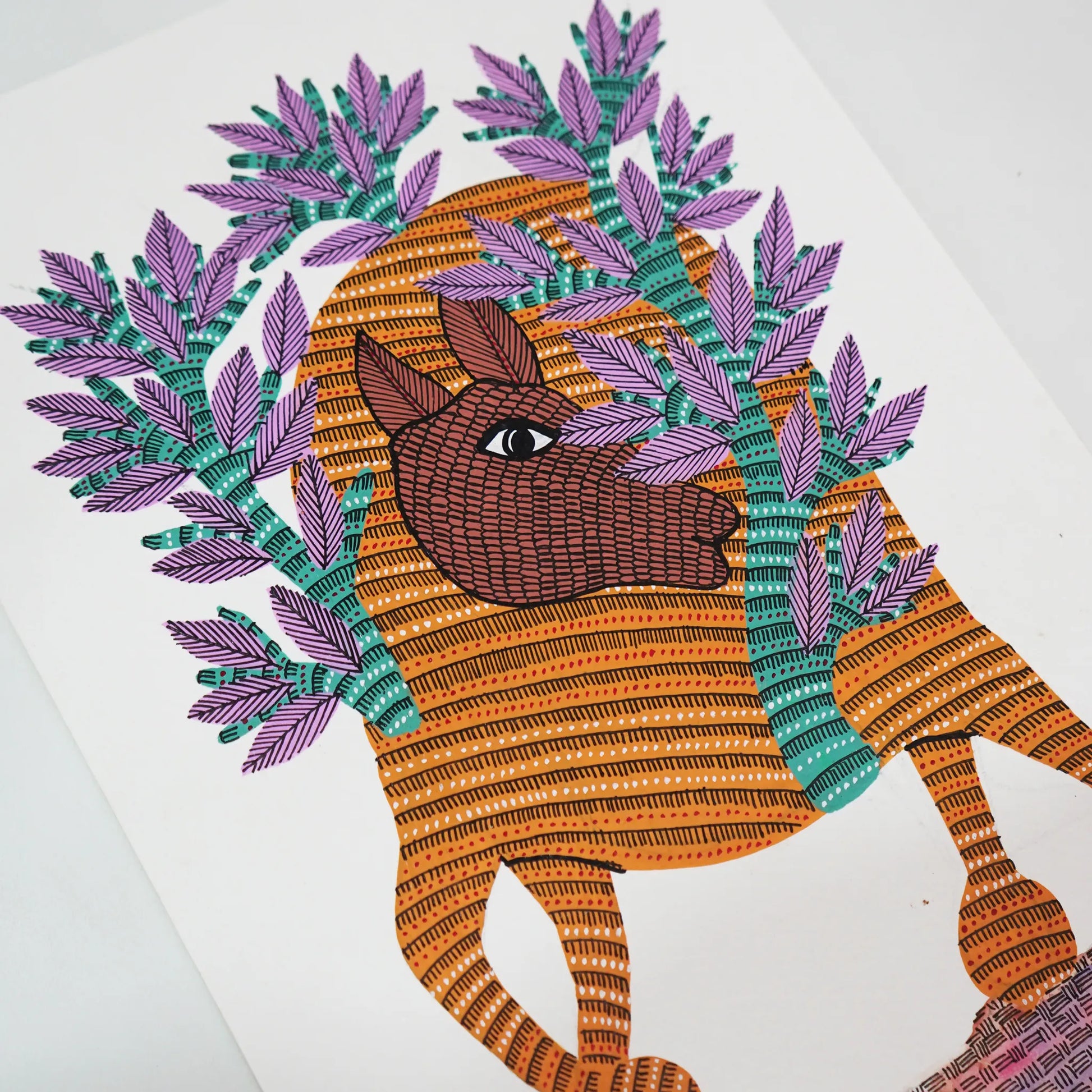 Vibrant Gond Art Featuring Intricate Camel and Tree Design 