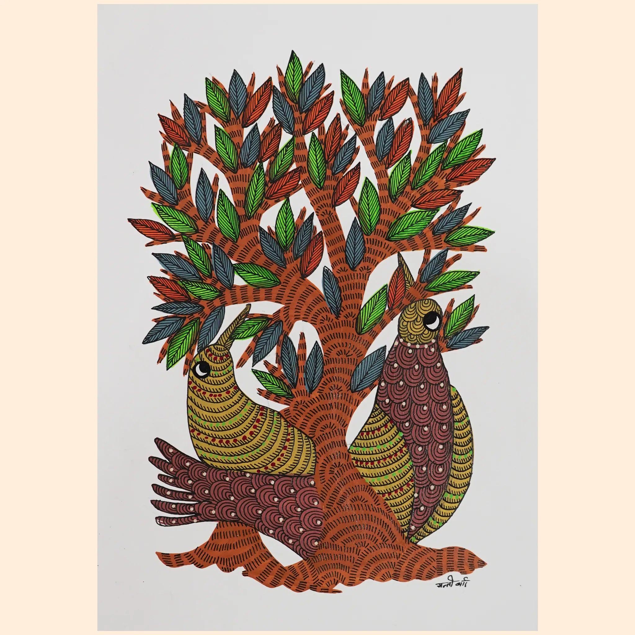 Gond Art Stylized Birds and Majestic Tree