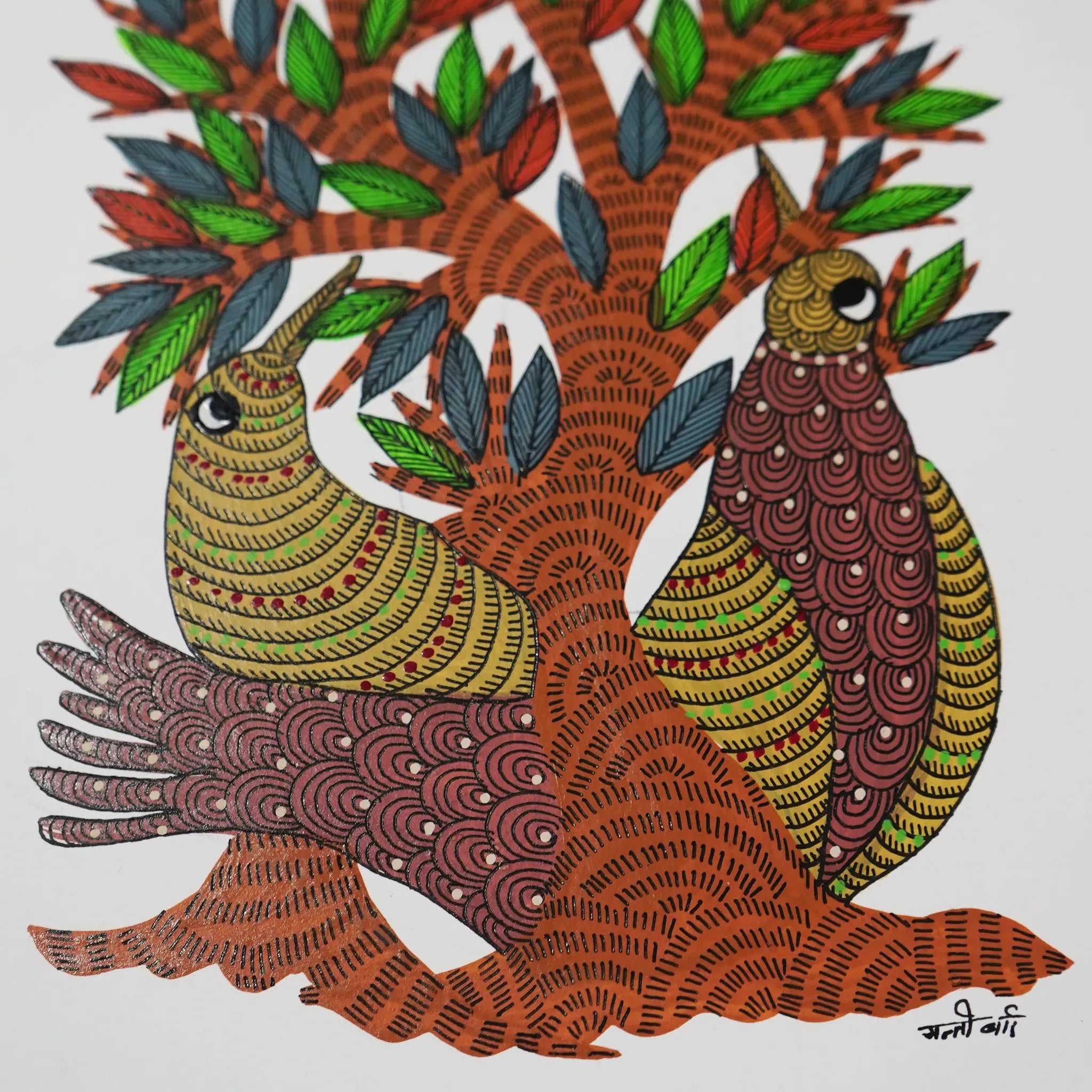 Gond Art Stylized Birds and Majestic Tree