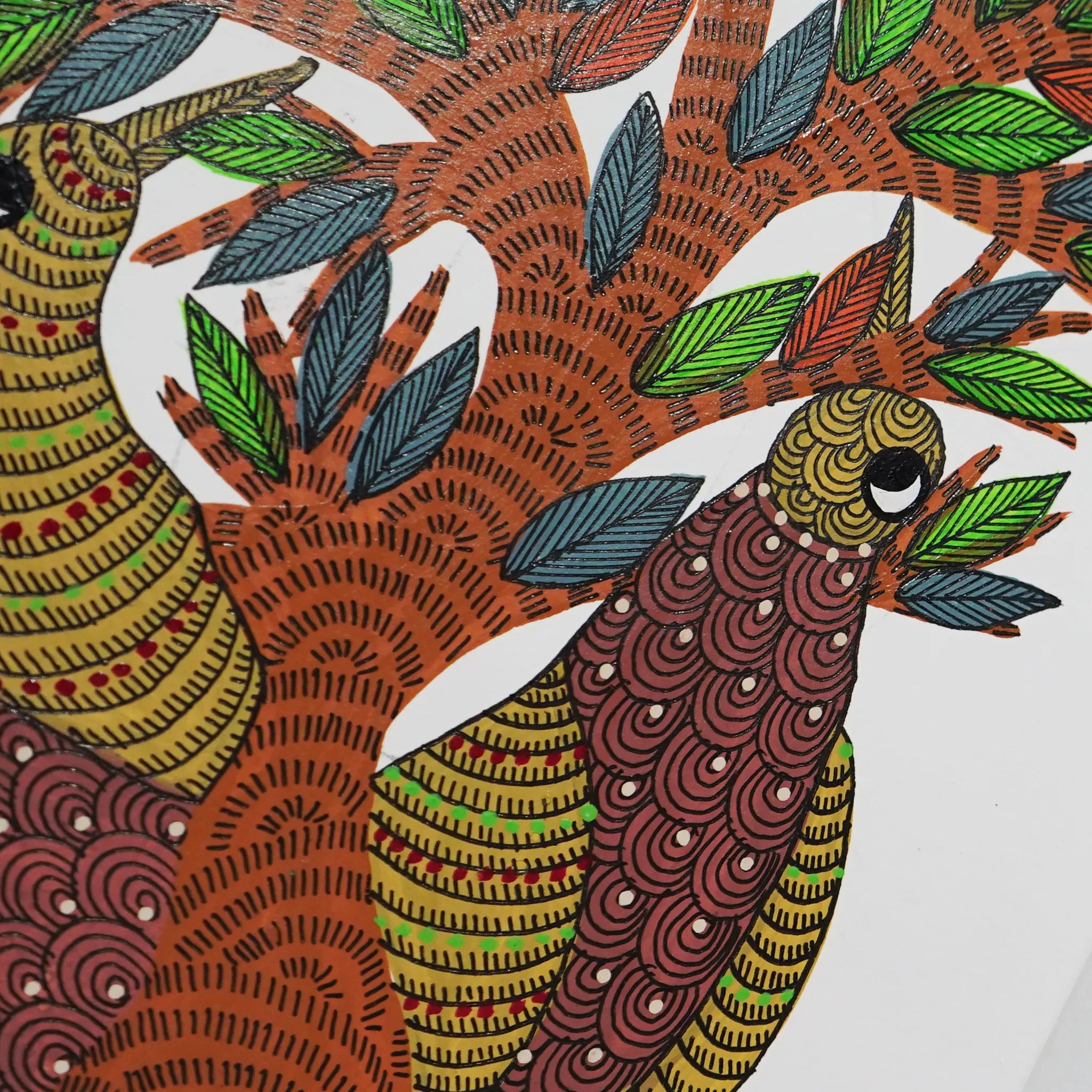Gond Art Stylized Birds and Majestic Tree