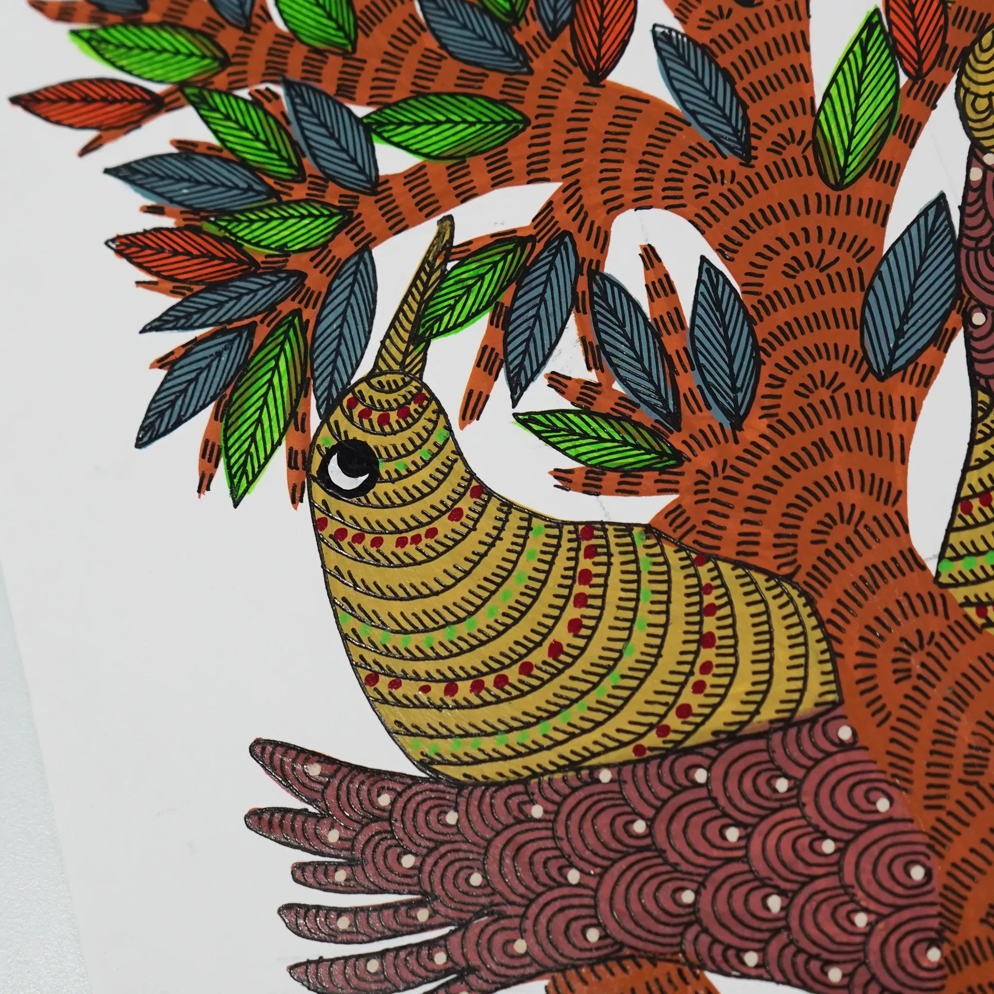 Gond Art Stylized Birds and Majestic Tree