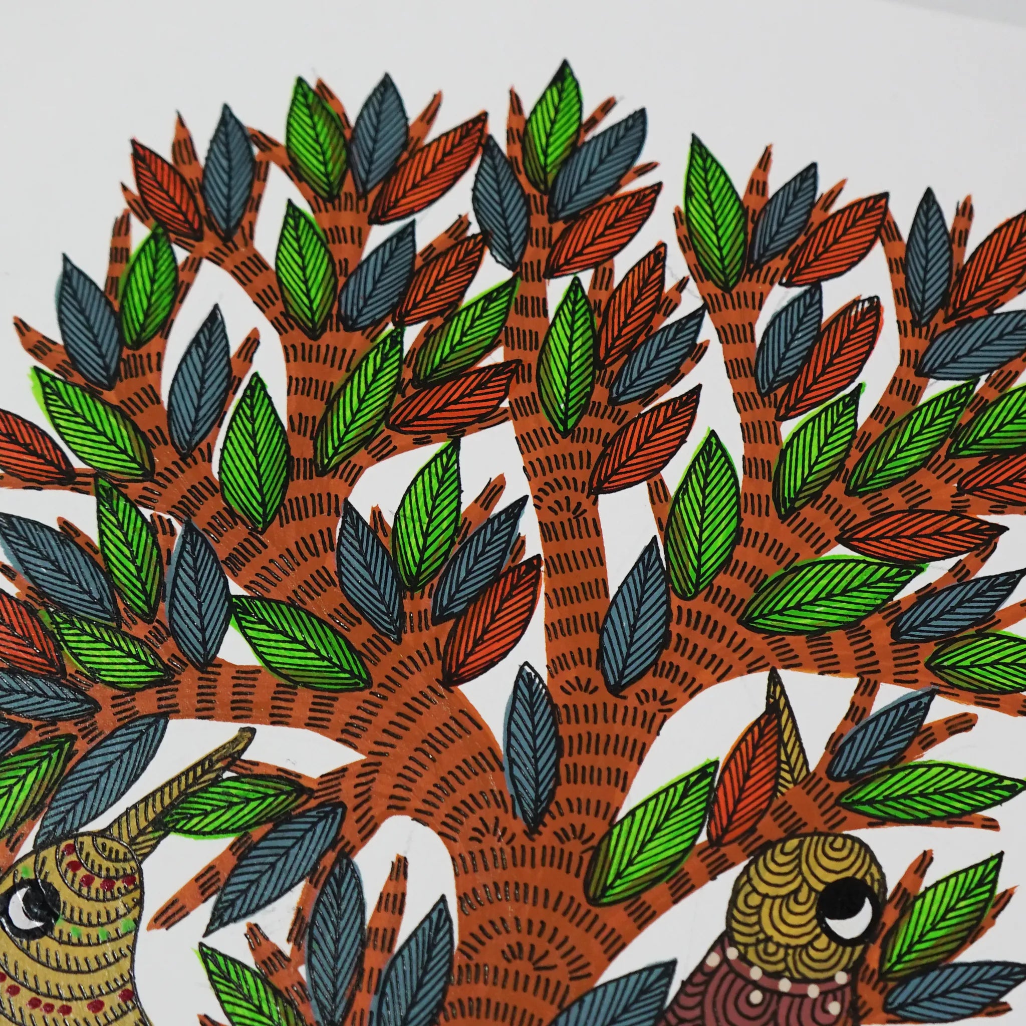Gond Art Stylized Birds and Majestic Tree