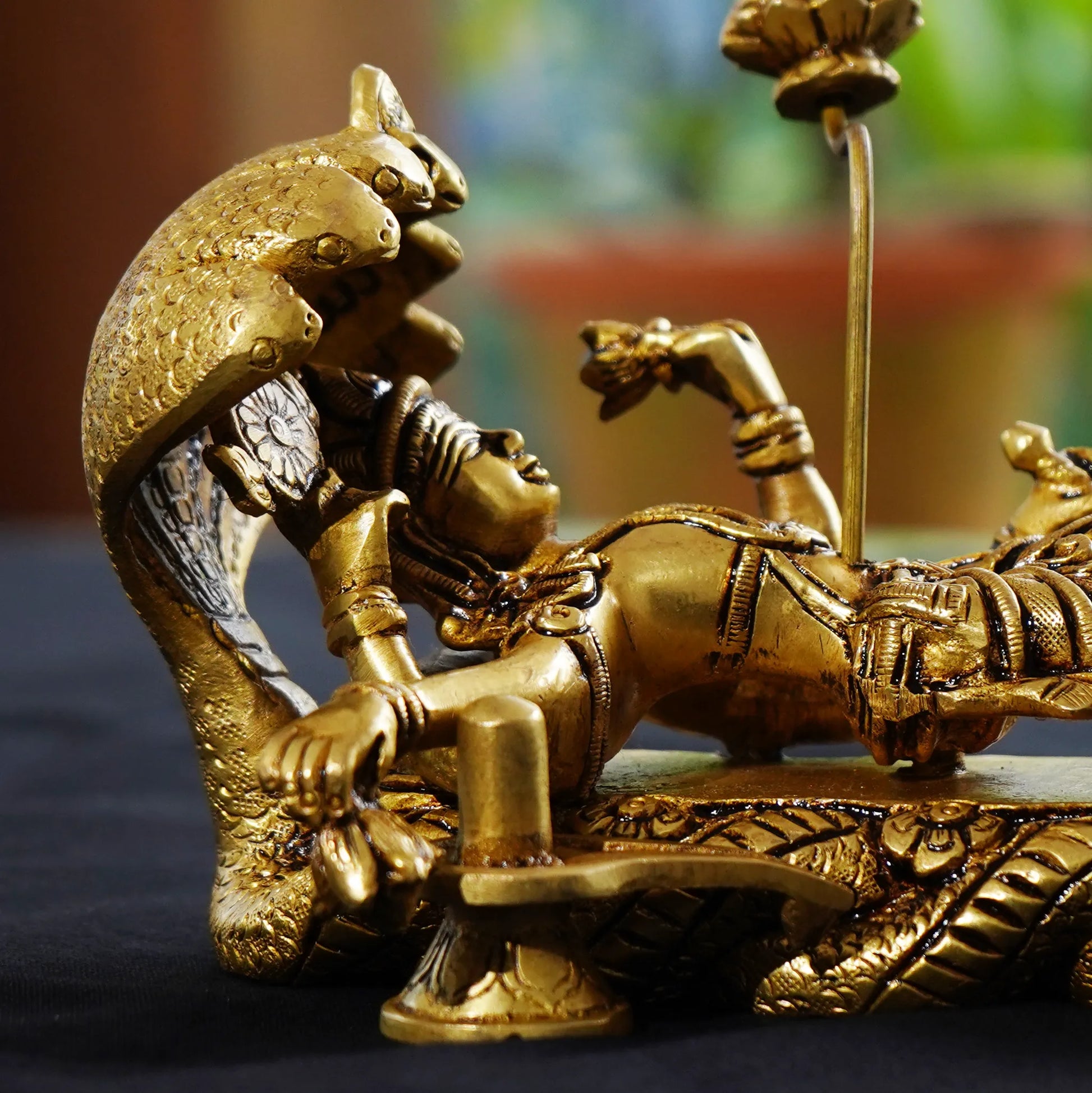 Lord Vishnu in a majestic reclining posture with Brahma and Sivan-Brass Idol