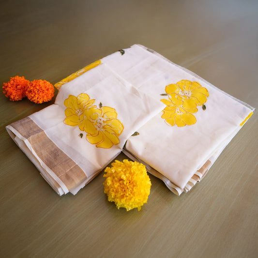 Elegant Kerala Kadavu Saree with Hand-Painted Yellow Floral Motifs