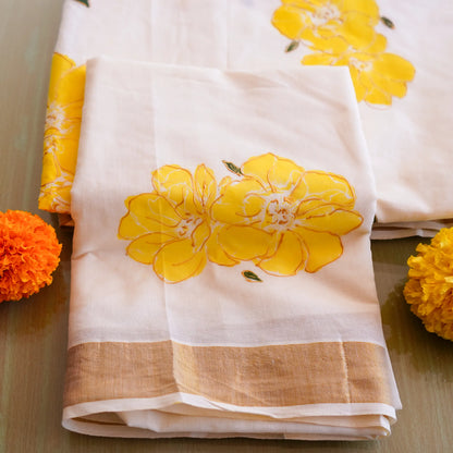 Elegant Kerala Kadavu Saree with Hand-Painted Yellow Floral Motifs