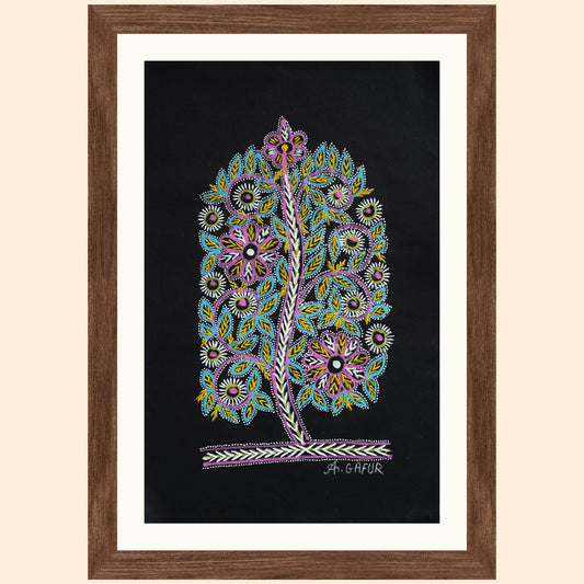 Rogan Art-Tree of Life on black-Detailed Flowers in White,Pink and Sky Blue