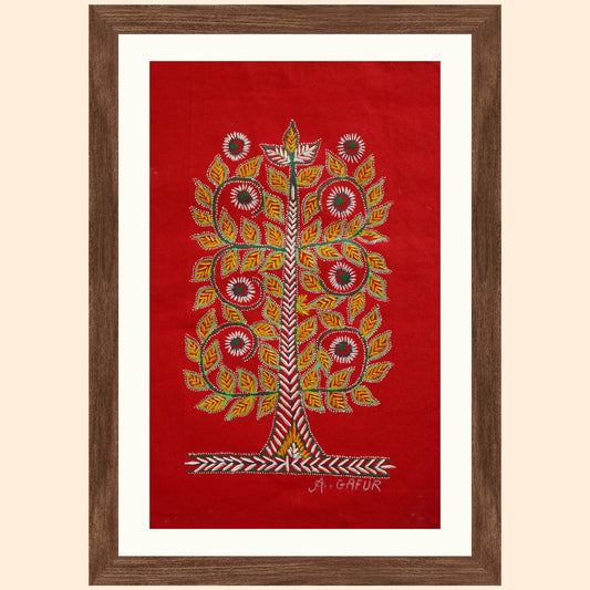 Rogan Art - Tree of Life on Red- Green & yellow Leaves on Curvy Branches