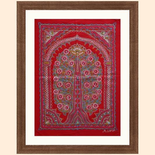 Rogan Art - Tree of Life on Red- With intricate White flowers