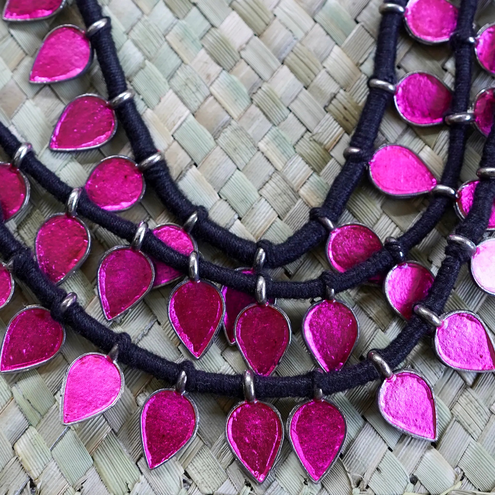 Three-Layered Threaded Neckpiece with Rani Pink Pendants