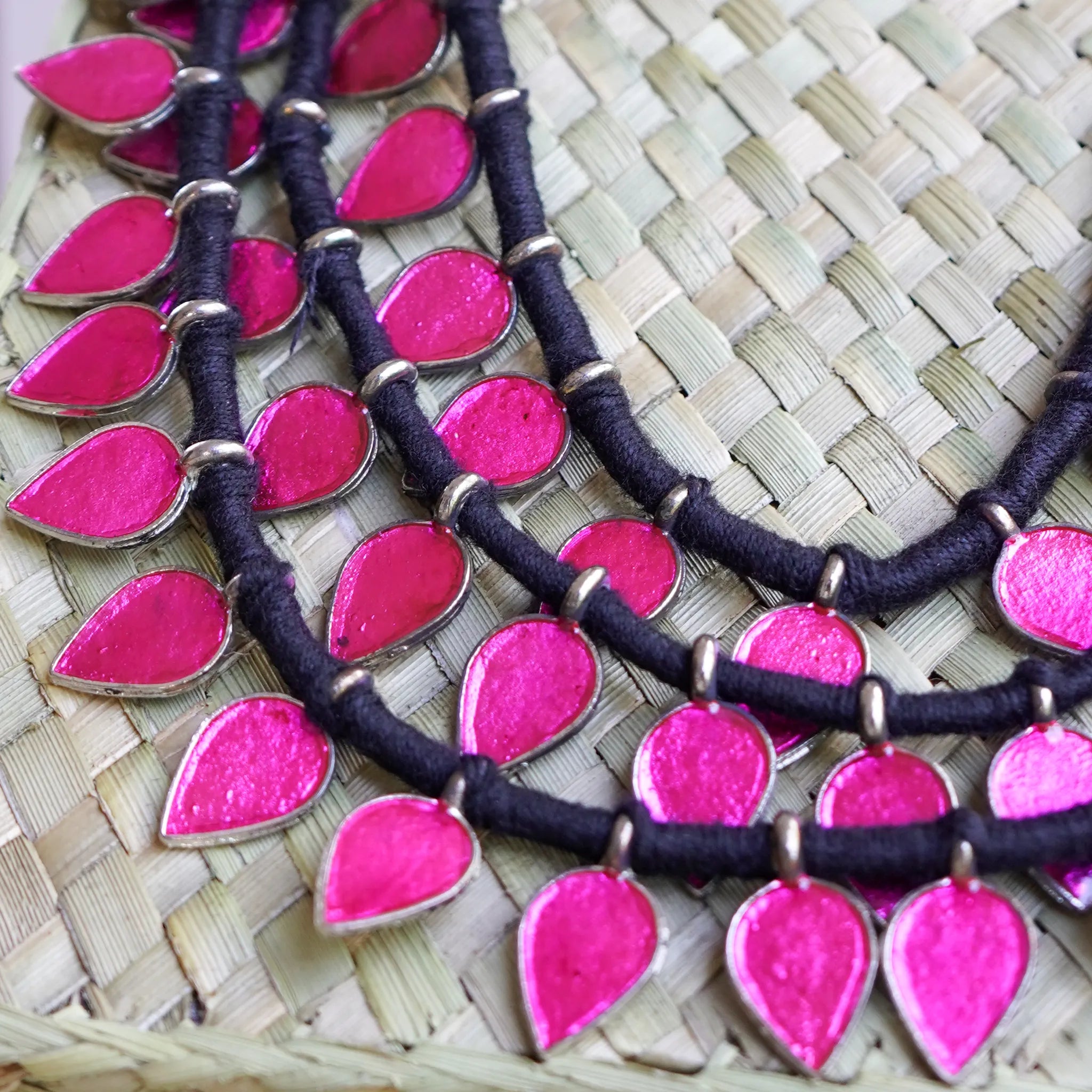 Three-Layered Threaded Neckpiece with Rani Pink Pendants