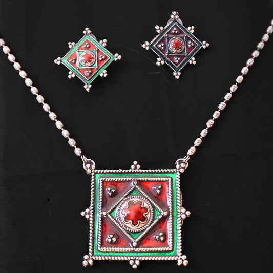 German Silver Red & Green Minakari Neckpiece and Matching Earrings