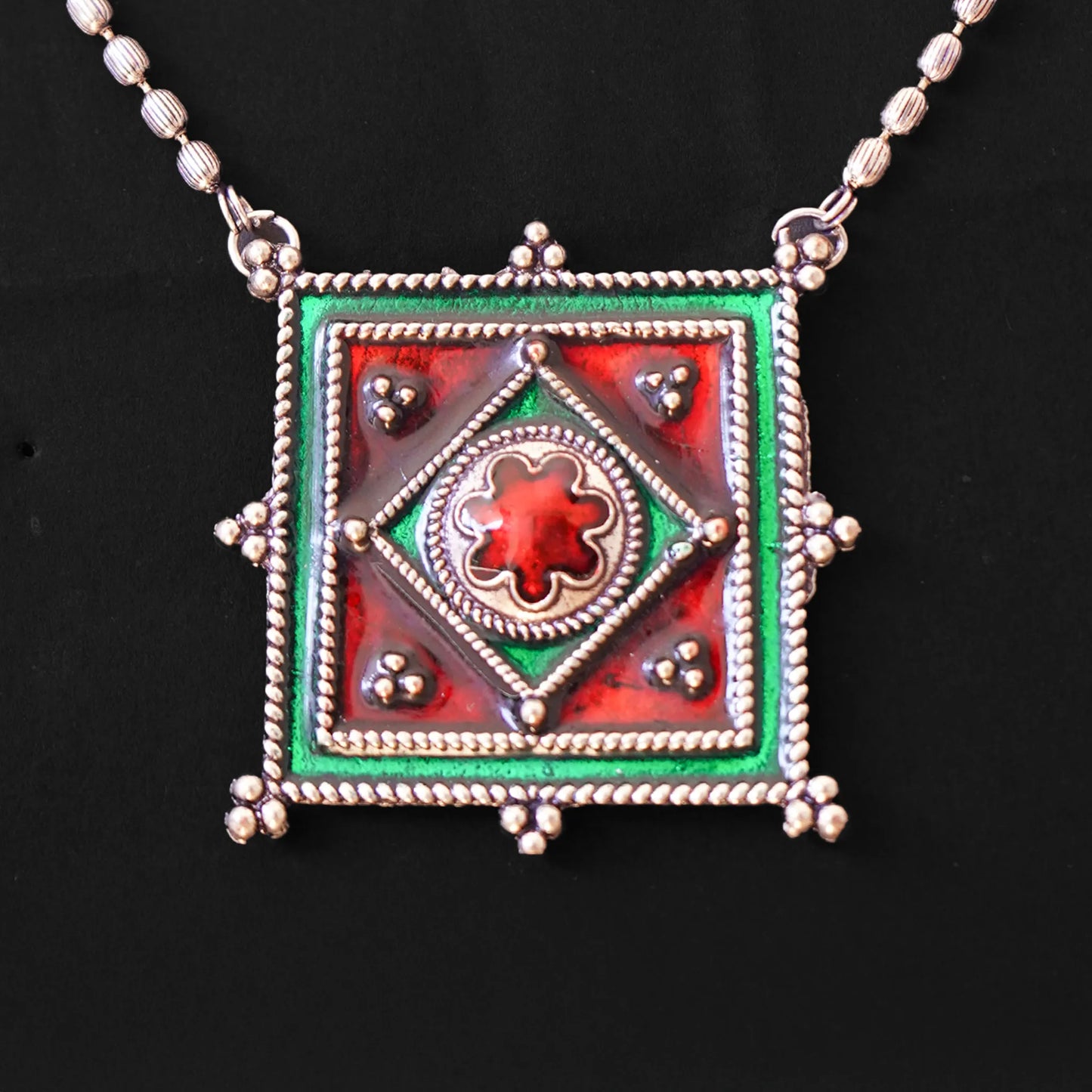 German Silver Red & Green Minakari Neckpiece and Matching Earrings