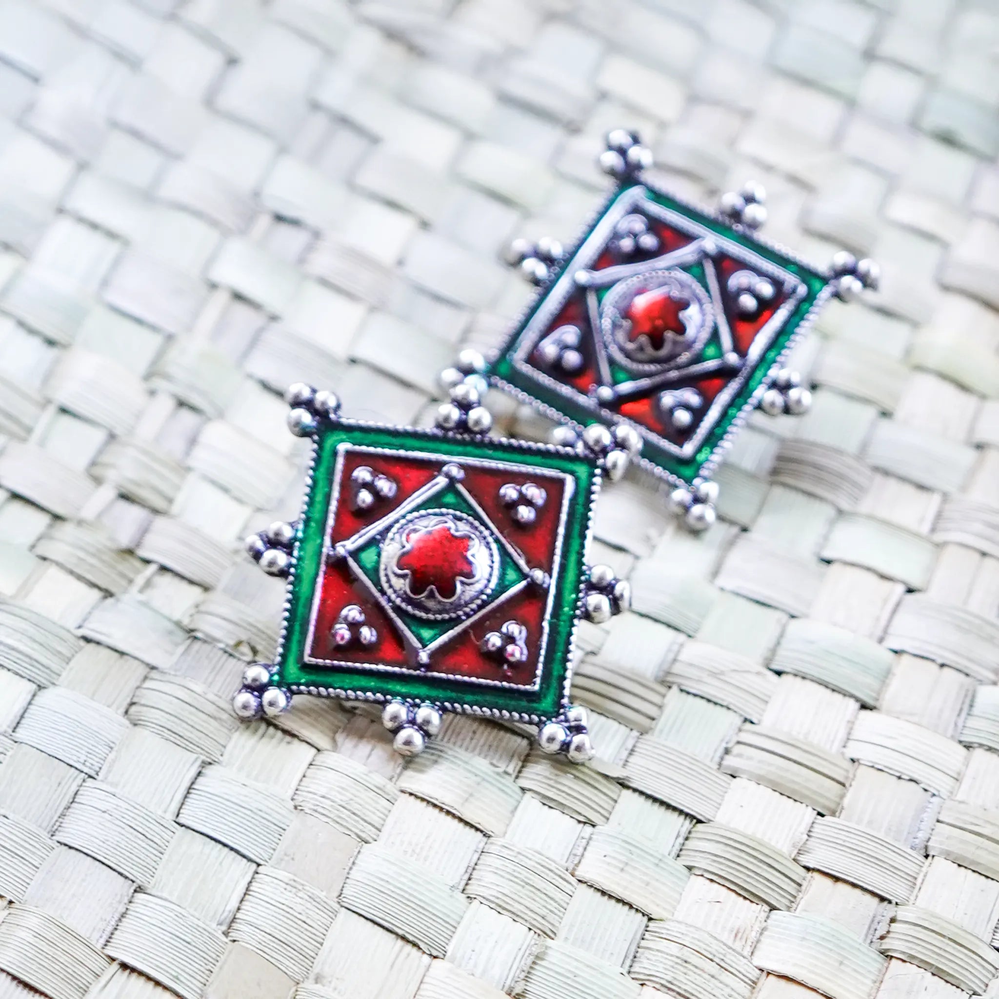 German Silver Red & Green Minakari Neckpiece and Matching Earrings