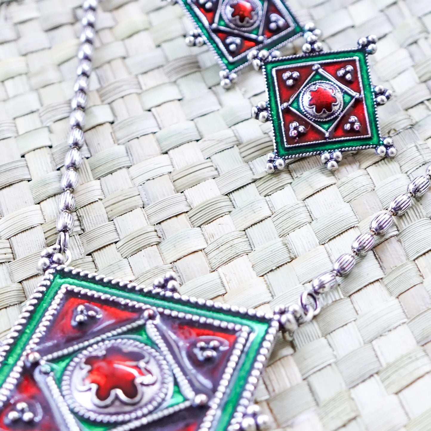 German Silver Red & Green Minakari Neckpiece and Matching Earrings