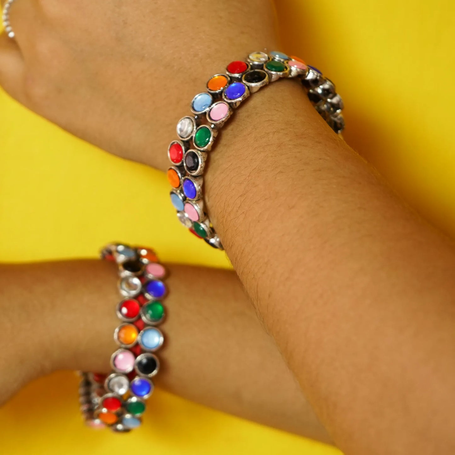 German Silver Two Layer Bracelet with Multicolored Stones