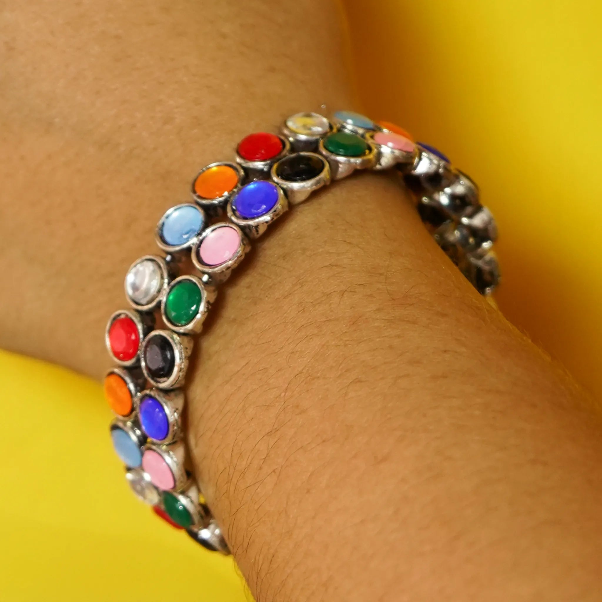 German Silver Two Layer Bracelet with Multicolored Stones