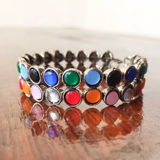 German Silver Two Layer Bracelet with Multicolored Stones