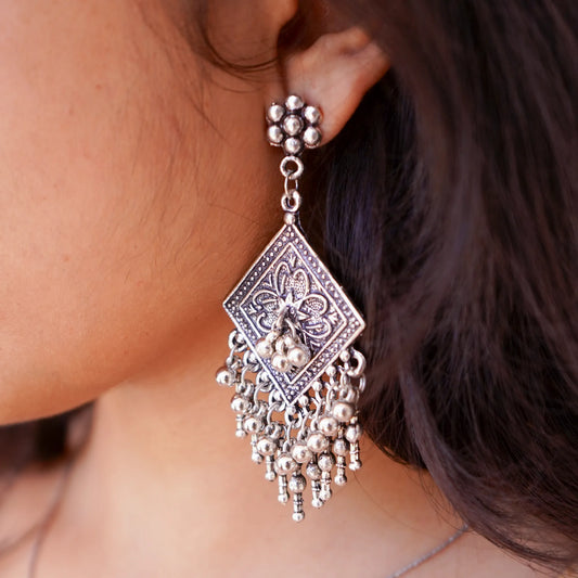 Oxidized Diamond-Shaped Earrings with Danglers