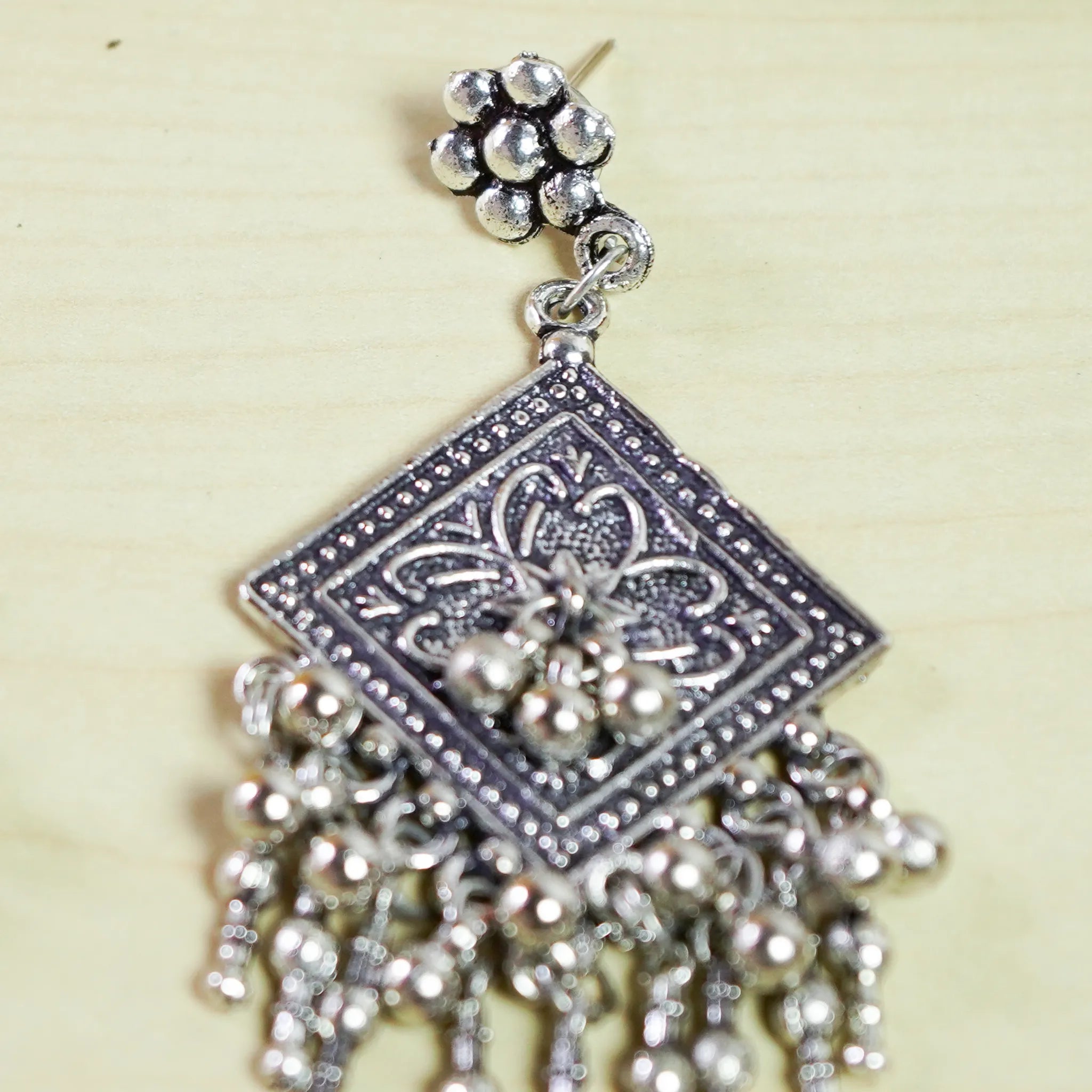 Oxidized Diamond-Shaped Earrings with Danglers