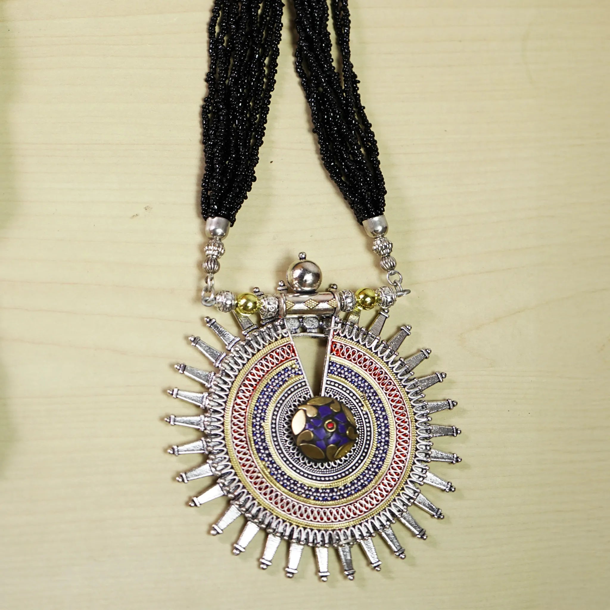 German Silver Luminous Chakra Neckpiece with Black Beads