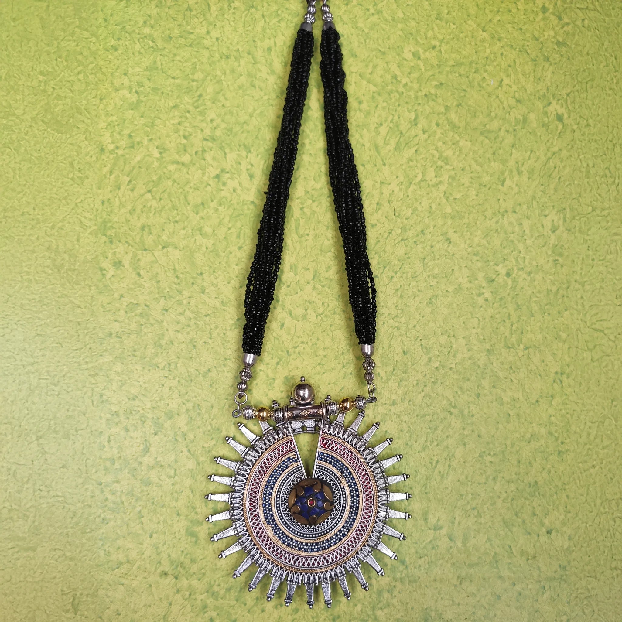 German Silver Luminous Chakra Neckpiece with Black Beads