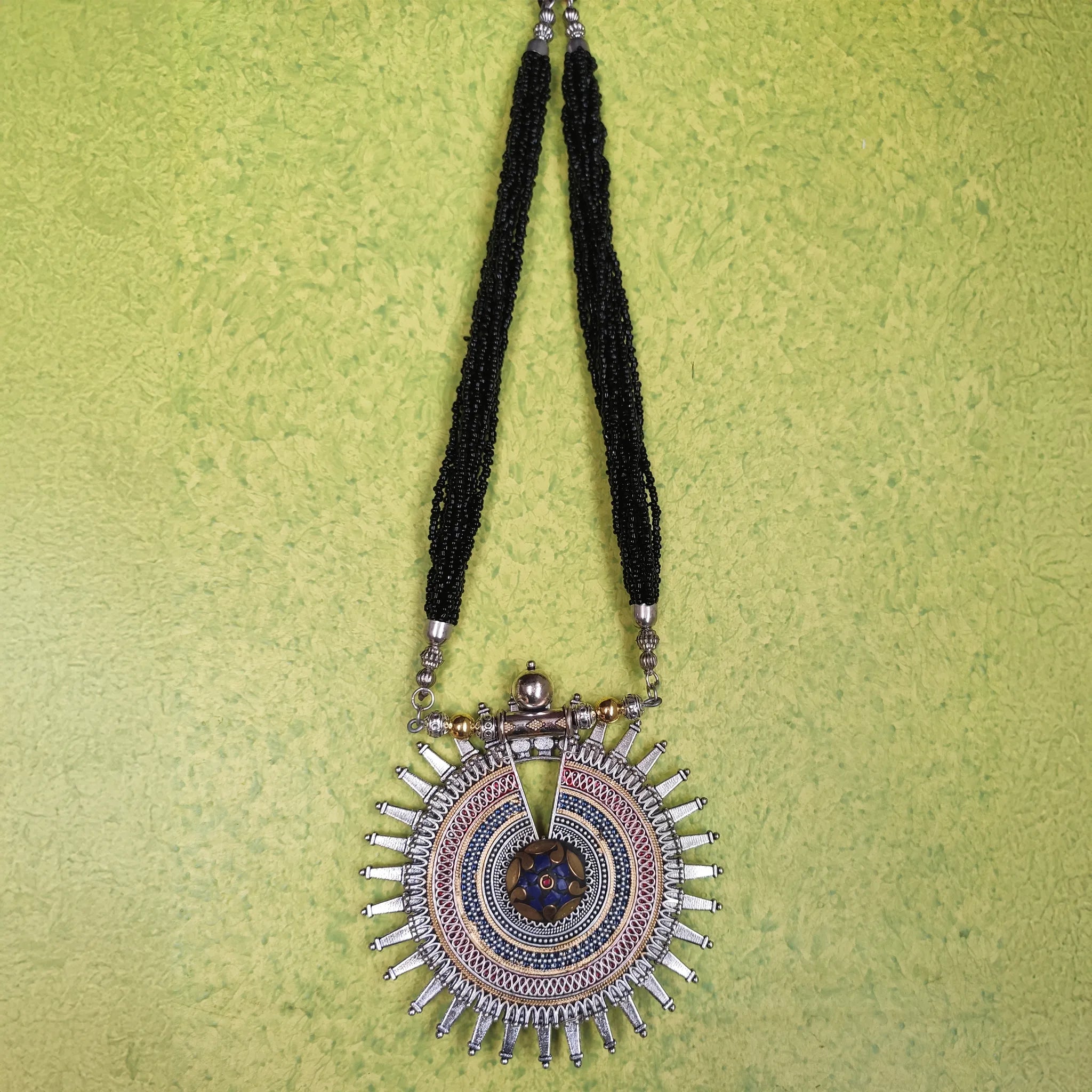 German Silver Luminous Chakra Neckpiece with Black Beads