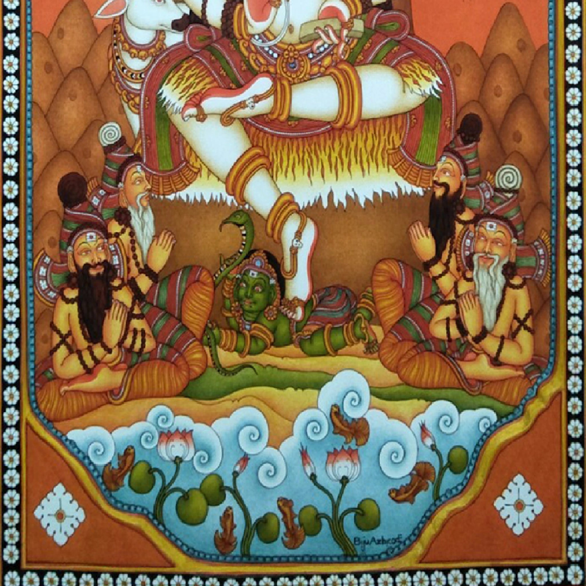 Kerala Mural Art Painting Dakshinamurthy Shiva - Made to Order{Length:5 ft X Breadth:3 ft}