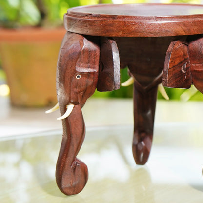 Traditional Three-headed Wooden Elephant Stool