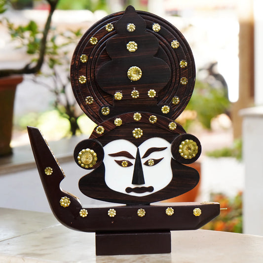 Wooden Boat with Kathakali Head - Brass Accents