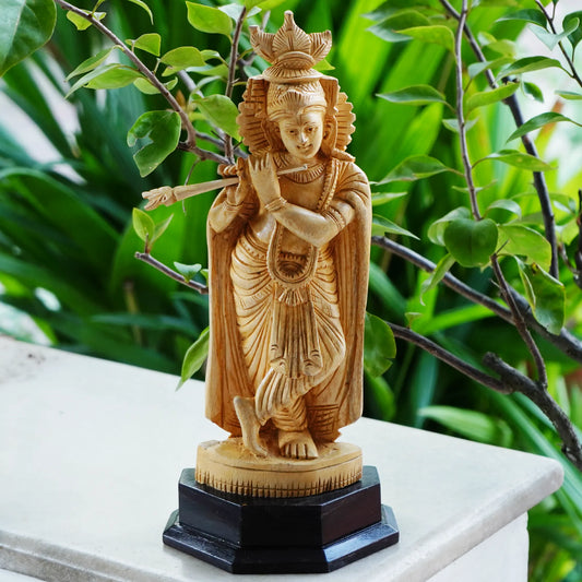 Krishna with flute statue, carved from white wood