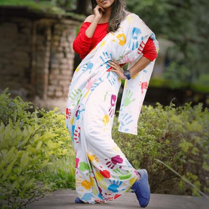 Mulmul Cotton Sarees- White- Colorful Hand Patterns