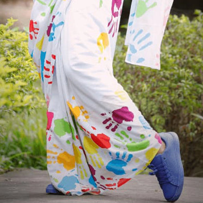 Mulmul Cotton Sarees- White- Colorful Hand Patterns