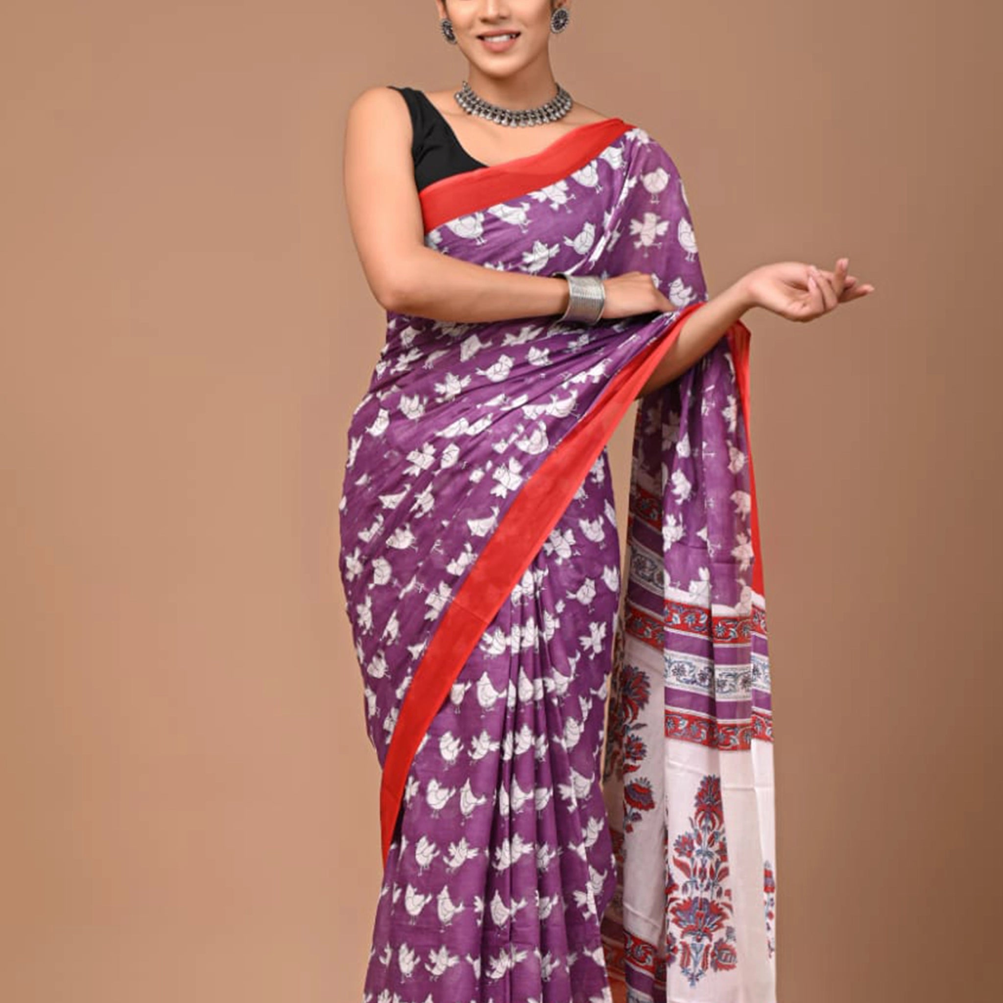 MulMul Cotton Saree - Purple - White birds print