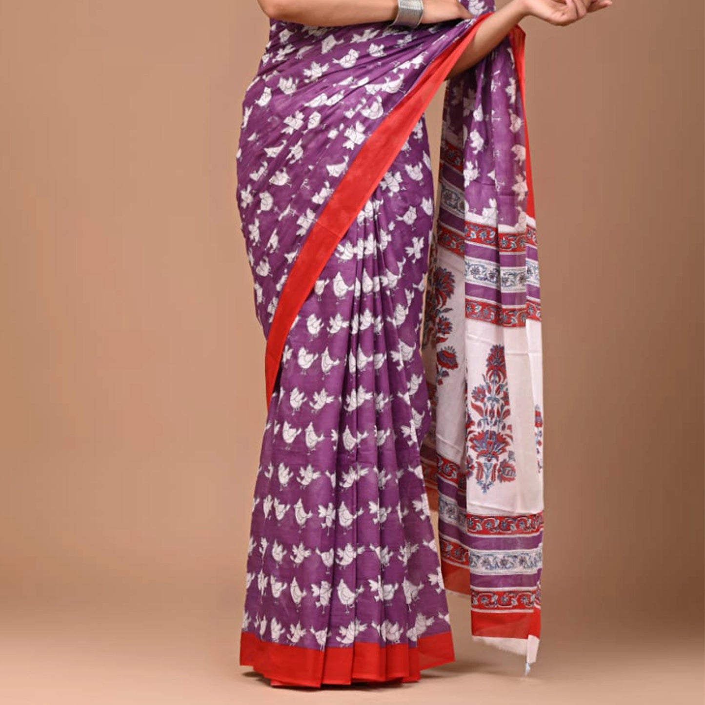 MulMul Cotton Saree - Purple - White birds print