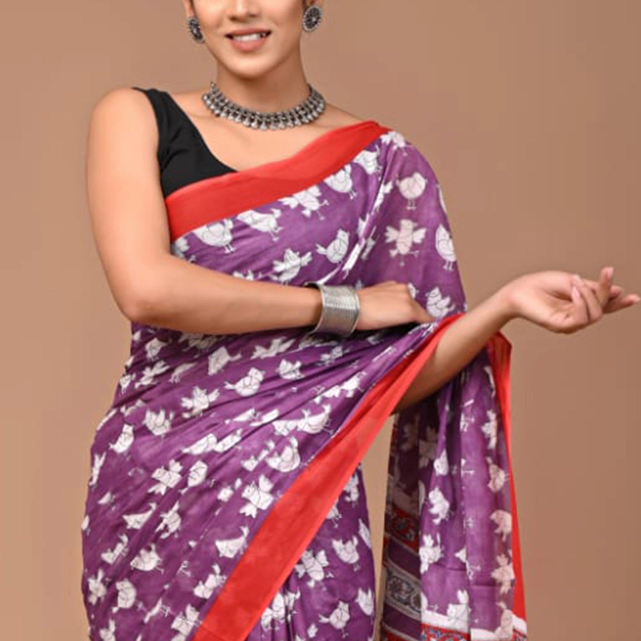 MulMul Cotton Saree - Purple - White birds print