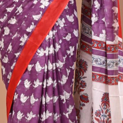 MulMul Cotton Saree - Purple - White birds print