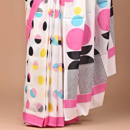 Mulmul Cotton Sarees- White- Big Polka Dots