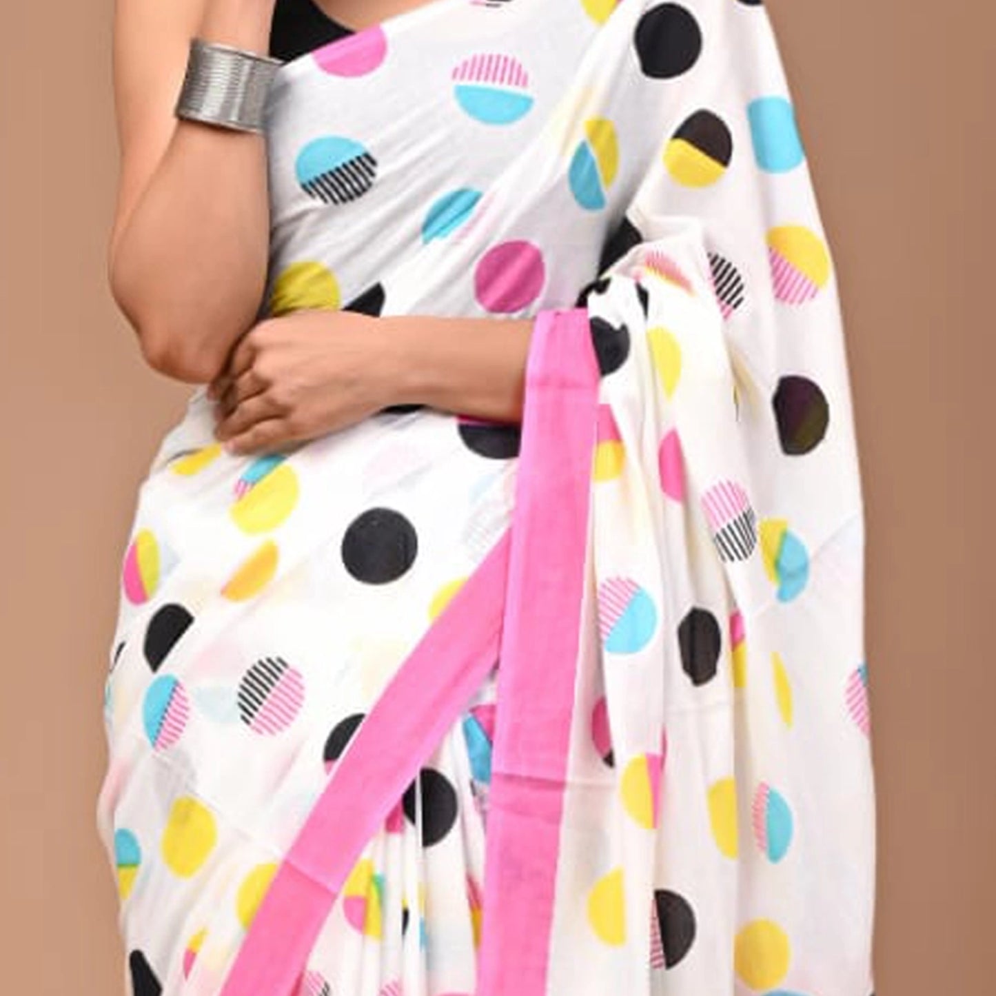 Mulmul Cotton Sarees- White- Big Polka Dots