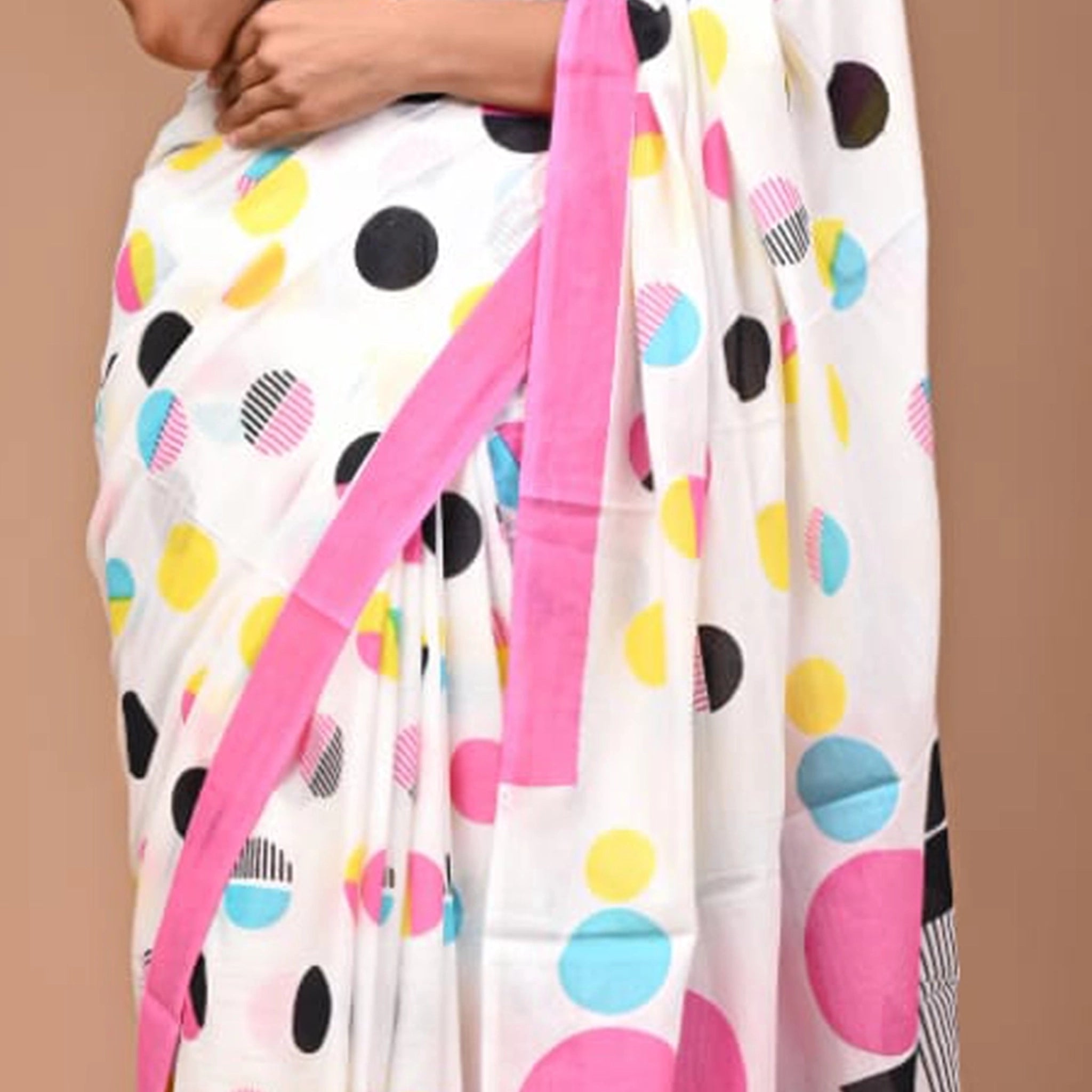 Mulmul Cotton Sarees- White- Big Polka Dots