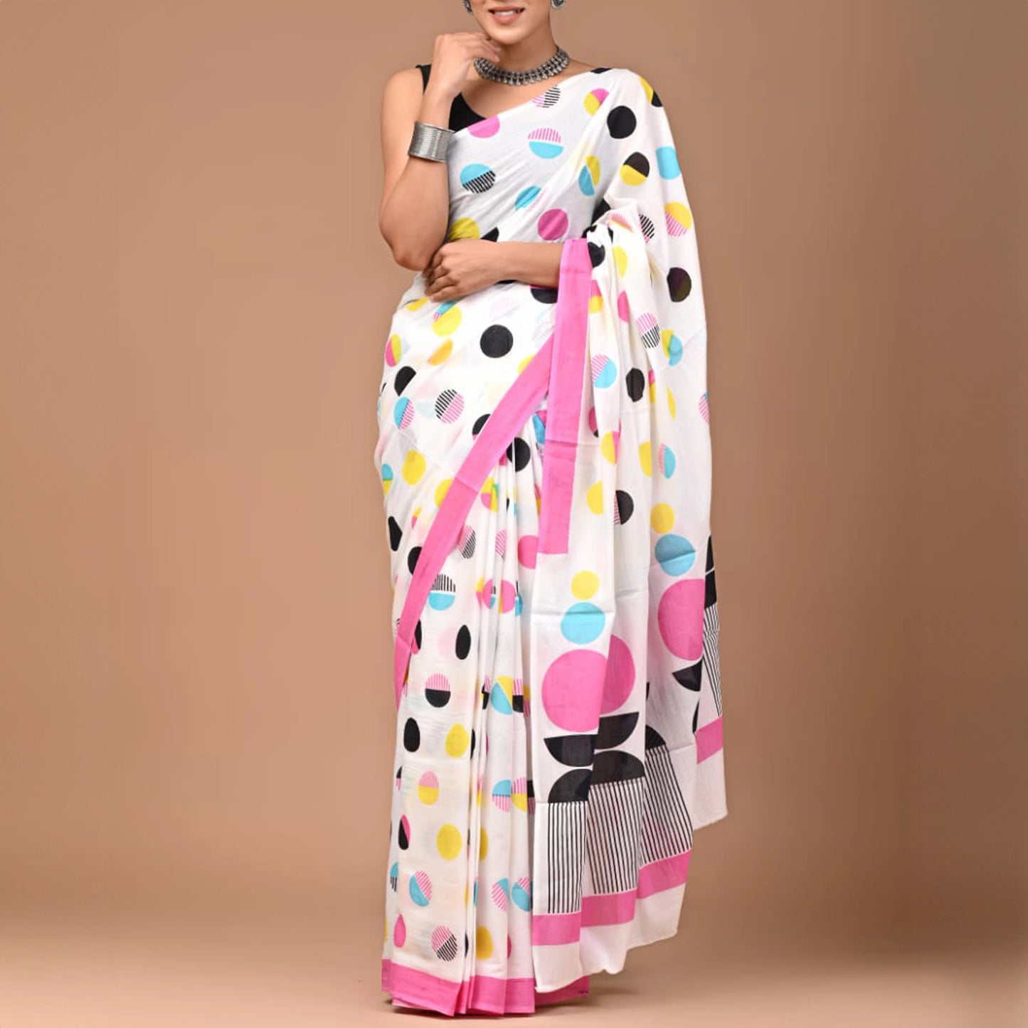 Mulmul Cotton Sarees- White- Big Polka Dots