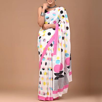 Mulmul Cotton Sarees- White- Big Polka Dots