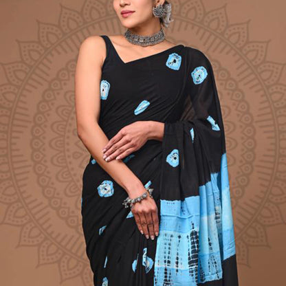 Mulmul Cotton Sarees- Black- Shibori