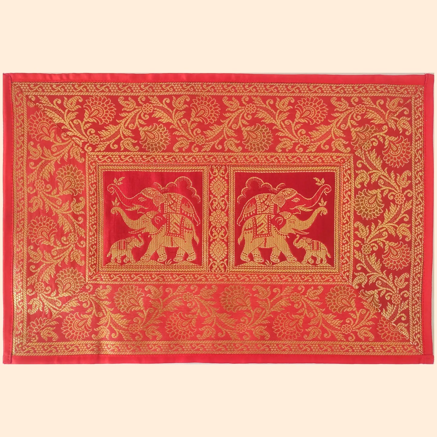 Banarasi Mats Red Mat-1 Pcs, Runner-1 Pcs, Coaster-6Pcs Set