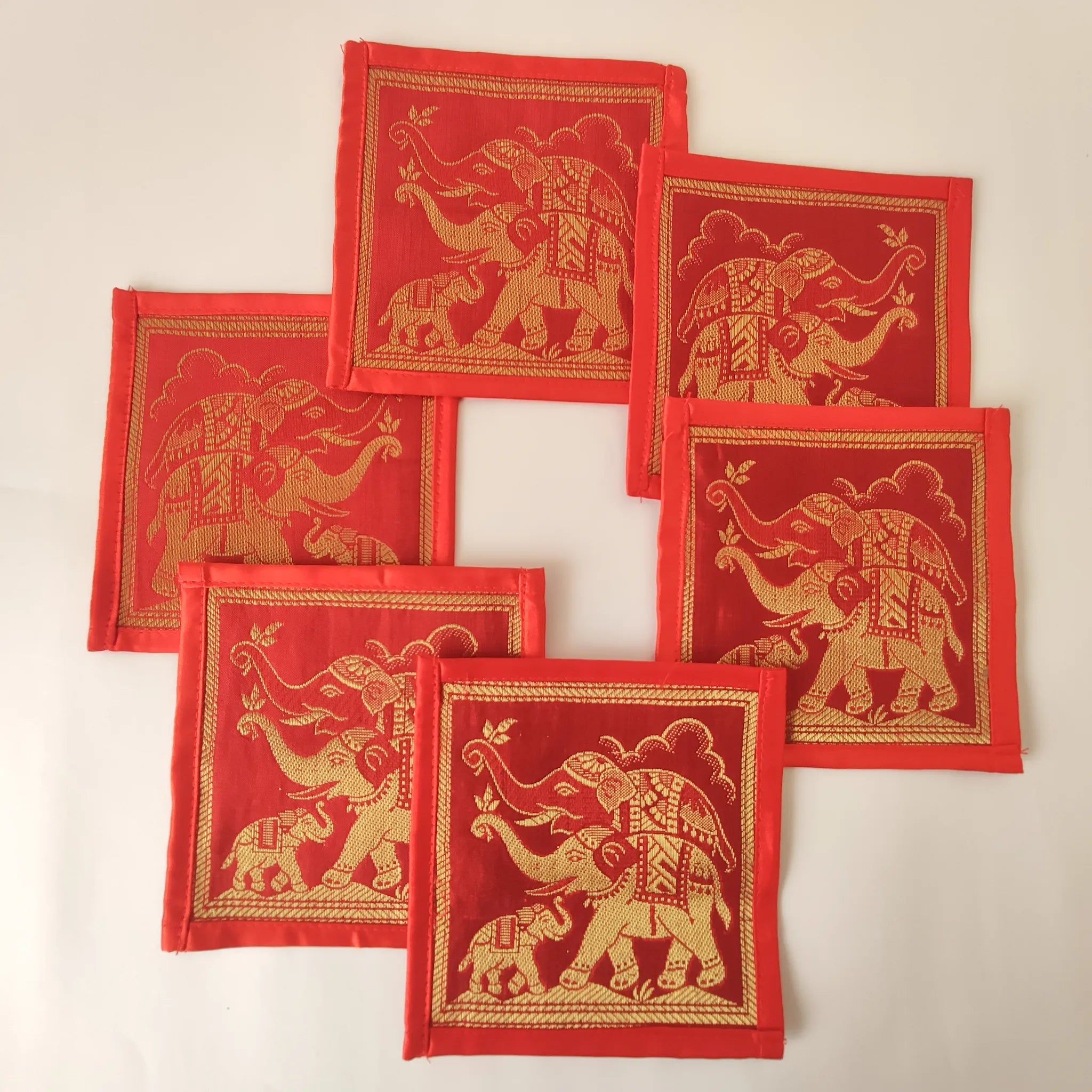 Banarasi Mats Red Mat-1 Pcs, Runner-1 Pcs, Coaster-6Pcs Set