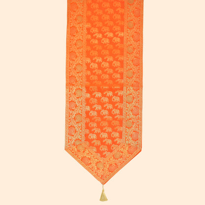 Elegant Banarasi Orange Runner with Elephant Motif and Golden Zari Border