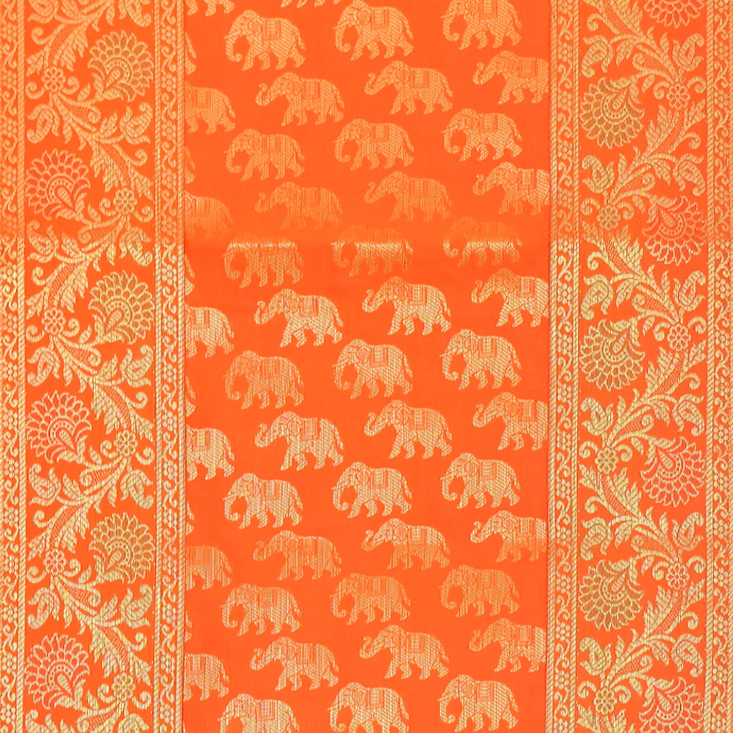 Elegant Banarasi Orange Runner with Elephant Motif and Golden Zari Border