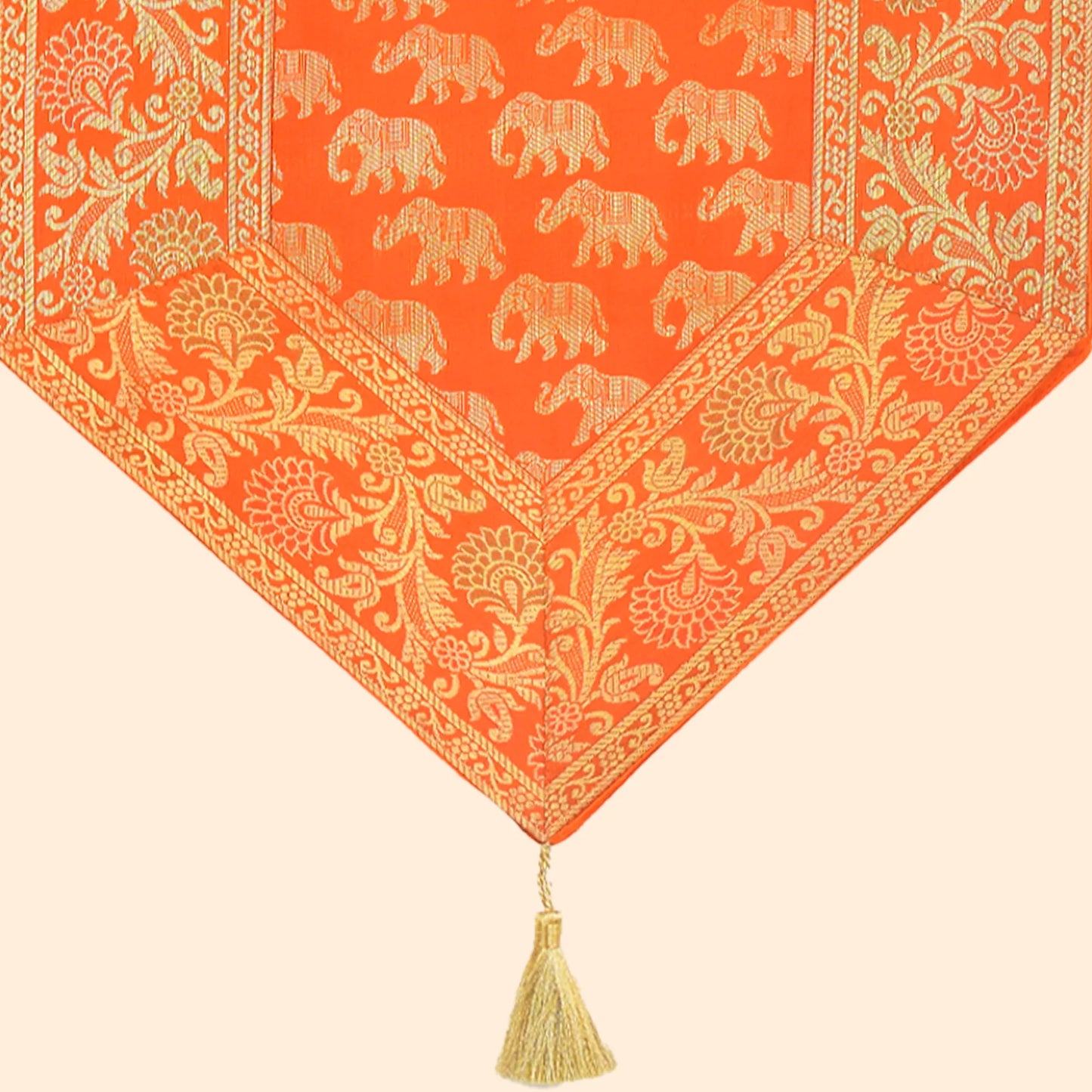 Elegant Banarasi Orange Runner with Elephant Motif and Golden Zari Border