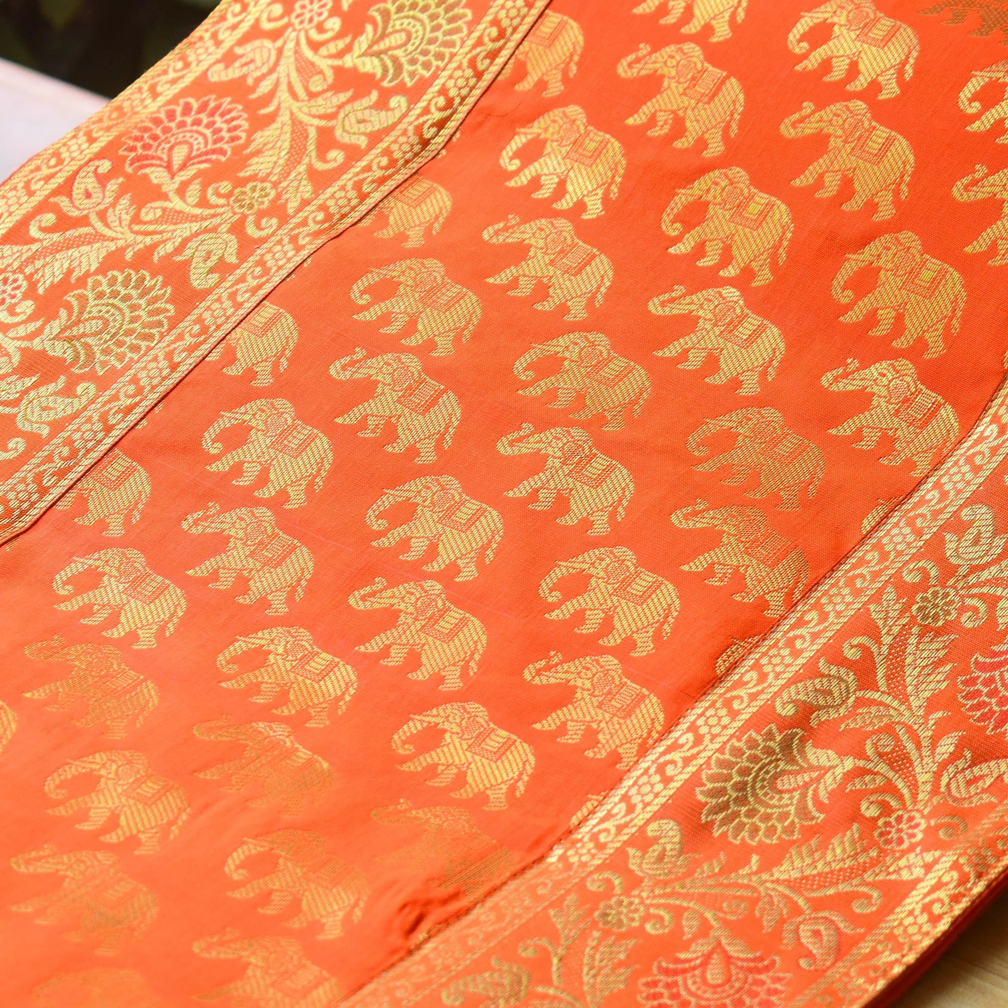 Elegant Banarasi Orange Runner with Elephant Motif and Golden Zari Border