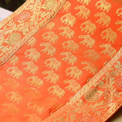 Elegant Banarasi Orange Runner with Elephant Motif and Golden Zari Border